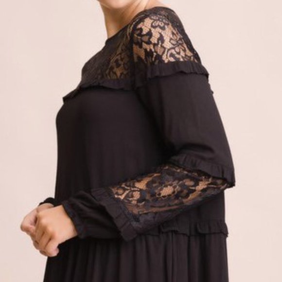 Lace Detail Balloon Sleeve Black Dress - Picture 5 of 6